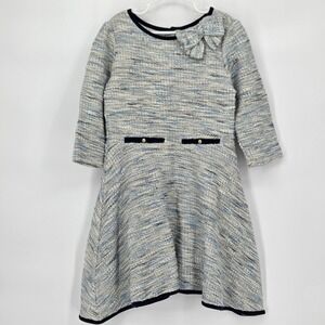 Janie and Jack Girls 12 Boucle Long Sleeve A‎ Line Dress Bow White Blue Cute